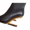 2024 Inverno Luxo Primeiras Mulheres Botas de Tornozelo Nappa Couro Botas de Salto Alto Botas em Forma de Dedo Do Pé Arredondado Festa de Casamento de Metal Dourado Booty35-42