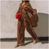 Женские брюки женская женская элегантная женщина леопардовый принт 2 сета 2022 Летняя рубашка Добавить широкие костюмы для ног.