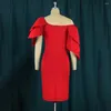 Casual Dresses Sexy Dresess Red For Women One Shoulder Petal Sleeve Bodycon High Waisted Mid Calf Elegant Ladies Birthday Party Dinner Dress