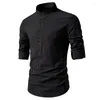 Men's Casual Shirts High Quality Henley Collar Long Sleeved Striped Shirt Pullover T-shirt
