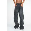 Men's Jeans 2023 Loose Straight Zipper Hip-Hop Overalls Large Pocket Frayed Wide-leg