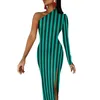 Casual Dresses Blue And White Striped Bodycon Dress Women Lines Print Sexy Maxi Long Sleeve Streetwear Graphic Birthday Present