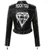 Kvinnorjackor Kvinnor Punk Faux Leather Pu Black Jacka Studded Rivet Fashion Streetwear Diamond Mönster Motorcykelrock