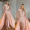 Paillettes Elegant Pinking Evening Overskirts Sleeves V Neck Neck Formal Party Prom Robe Pleas Pleas High Slit Robes pour Ocn es