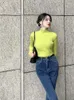 Women's Sweaters Turtleneck Screw Thread Knit Women Pullover Sweater Full Sleeves Green &Blue Color Fall Crop Tops Jumpers