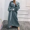 Moslim Satijn Eid Open Abaya Dubai Bubble Mouw Flowy Turkse Jurken Kaftan voor Vrouwen Islamitische Kleding Kimono Femme Musulmane 220260t