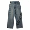 Мужские джинсы печатные аппликации мешковатые коричневые для мужчин прямые голубые брюки корейская уличная одежда Гранж Y2K Хип -хоп Брюки