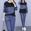 Kvinnors tvåstycksbyxor Spring Autumn Denim Casual Suit Female Loose Korean Pullover Round Neck Top Trousers Plus Size Womens Sports Set