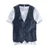 Men's Vests British Fashion Workwear Cotton Linen Vest Versatile Casual Shirt Long Sleeve Striped Coat