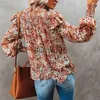 Blusas Femininas Camisas Foridol Estampa Floral Boho Outono Inverno Blusa Babado Tops Feminino Manga Longa Gola Alta Red Office Ladies Blusa Casual Camisas J230802