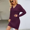 Vestido largo de lana con cuello en V para mujer, moda de otoño e invierno, tejido torcido con temperamento de Color puro