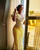 2023 Plus Size Árabe Aso Ebi Gold Vestidos de Baile Brilhantes Luxuosos Cristais Frisados Elegante Noite Formal Festa Segunda Vestidos de Recepção Vestido