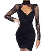 Casual Dresses Women'S Lace Collar Dress Hollow Sexy Patchwork Satin Long Sleeve Short For Bodycon Evening Party Club Wear