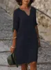 Casual Kleider Midi Sieben-Punkt-Ärmel Rundhals Einfarbig Sommerkleid Frauen 2023 Freizeit Pendeln Bequeme Kleidung für