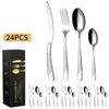 24PCS Stainless Steel Cutlery Steak Knife Fork Spoon Set Home Restaurant Hotel Tableware Star Diamond spoons