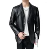 Costumes pour hommes luxe noir Faux cuir Blazer décontracté solide Slim Fit costume veste manteau deux boutons Style coréen beau vêtements homme