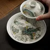 그릇 Feifan 세라믹 손으로 그린 ​​녹색 잉크 드래곤 패턴 Sicai Bowl 레트로 고급 티 컵 완전한 세트