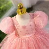 Neue glänzende rosa Blumenmädchenkleider für Hochzeit Tüll Spitze langes Mädchenkleid Party Weihnachtskleid Kinder Prinzessin Kostüm für Kinder 12T Geburtstagskleid mit großer Schleife Schärpe