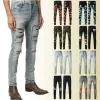 Mens Distressed Ripped Skinny Jeans Fashion Men Motorcycle Moto Long Off Cotton Slim Feet High Street Denim Light Blue Paste Pants CXG08022