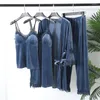 Women's Sleepwear Velour Striped Pajamas Set Women Lace 4PCS Sexy V-neck Robe Suit Velvet Pijamas Female Kimono Gown Loungewear