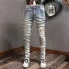 Männer Jeans High Street Fashion Männer Retro Gelb Blau Elastische Skinny Fit Ripped Gedruckt Designer Hip Hop Marke Hosen hombre