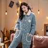 Kvinnors sömnkläder pyjamas Set Women Winter Three-Layer Thick Coral Fleece Quilted Flanell Warm Sweet Sweet Ladies Homewear Nightgown Suit