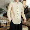 メンズカジュアルシャツ男性用リネンチャイニーズスタイルの長袖レトロボタンシャツソリッドカラースタンドアップカラールーズプラスサイズ