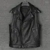 Men's Vests Luxury Genuine Real Cowhide Leather Vest Oblique Zipper Motorcycle Biker Stand Collar Sleeveless Ja