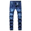 Men's Jeans Large Size Perforated Straight Denim Hole Washing Trousers Tie Blue Style Winter 2023