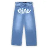 Jeans Masculino Y2K Retro Streetwear Azul Baggy Wash Men Punk Gráfico Bordado Comprimento Total Solto Calça Reta Perna Larga Denim