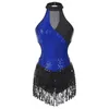 Stage Wear Femmes Danse Latine Cha-Cha Samba Tango Rumba Justaucorps Robe Sans Manches Brillant Sequin Gland Body Performance Dancewear