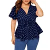 Women's Blouses Shirts Women Plus Size Blouse V Neck Short Sleeve Polka Dot Shirt Top Knot Front Summer Vintage Peplum Shirt Blusas Mujer #YJ J230802