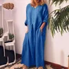 Robes décontractées Vintage Maxi robe femmes à manches longues solide col rond été avec poches lâche taille haute rétro Vestidos