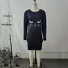 Autumn Pure Color Sweater Round Necklace Long Sleeve Pocket Womens Cute Cat Print Dress