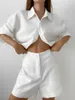 Womens Blouses Two Pieces Shirts Sets for Women Loose Short Half Sleeve White Solid Cotton Linen Summer Shorts 2201
