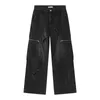 Men's Jeans 2023 Loose Straight Zipper Hip-Hop Overalls Large Pocket Frayed Wide-leg