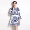 Summer Paisley Floral Mini Vintage Dress Luxury Designer 2023 Kvinnor Fashion Print O-Neck Slim Graceful Birthday Flare Sleeve Dress266o