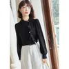 Women's Blouses Black Shirt Spring 2023 Diagonal Collar Flounces Long Sleeves Chiffon Lace Top