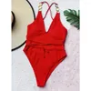 Maillot de bain femme Sexy solide rouge une pièce maillot de bain 2023 femmes métal col en V dos nu maillot de bain bain ventre contrôle Monokini