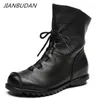 Stiefel JIANBUDAN Echtes Leder Plüsch frauen kurze Retro Casual Herbst Winter frauen Wasserdichte leder warme Schnee stiefel 230801