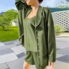 Vrouwen Nachtkleding Pyjama Pour Femme Lange Mouwen Met Shorts 3 Stuk Zijden Pyjama Sets Homewear Sexy Jarretel