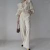 Kvinnors tvåbitar byxor Elegant kostym Korean Fashion 2 Set Women V-Neck Long Lantern Sleeve Ruffles Shirts Topps Folds Wide Ben Ben Set Outfits
