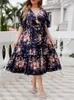 Plus Size Dresses Women Midi 2023 Summer Casual Elegant V-Neck Short Sleeve Ruffled Floral Print Boho Holiday Clothing