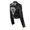 Kvinnorjackor Kvinnor Punk Faux Leather Pu Black Jacka Studded Rivet Fashion Streetwear Diamond Mönster Motorcykelrock