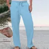 Herrbyxor män bomullslinne byxor mode ren färg elastisk midja snörning lös rak sommar andas dagligen avslappnad
