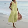 Sukienki swobodne kobiety solidne bawełniane sukienka plażowa letnia bez rękawów guzika w dekolcie Długa moda luźna kieszonkowa potargana czołg