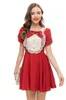 Women's Runway Dresses O Neck Short Sleeves Beaded Bow Detailing Patchwork Fashion Mini Vestidos