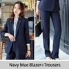 Kvinnors tvåbitar byxor Kvalitet Kvinnor Blazers Blandar passar formell marinblå modekontor Lady Single Button Slå ner krage blazer hög