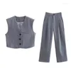 Pantalon deux pièces femme Maxdutti pantalon costumes femmes mode simple couleur gris uni simple boutonnage gilet court ensembles amples