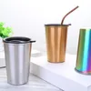 Cups Saucers Stainless Steel Matte Texture Pint Cup Shiny Paint Finish Straw Attached For Milk Espresso Coffee And Tea